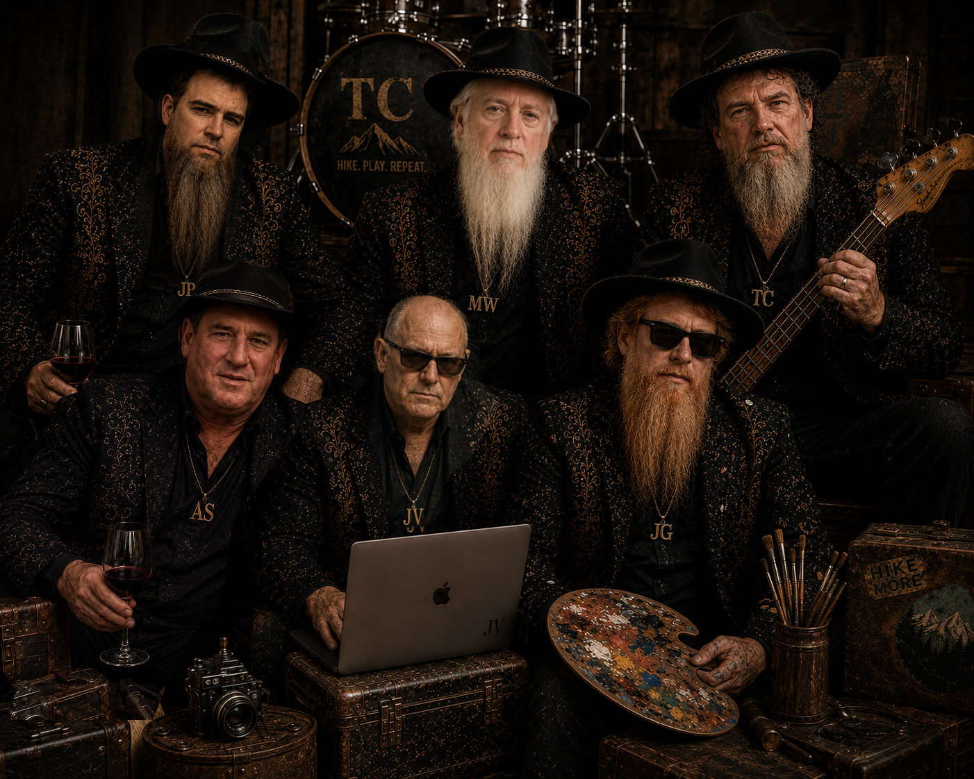 Six friends posed together in a ZZ Top-inspired band portrait